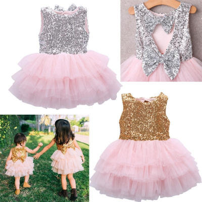 

Baby Girl Sequins Dress Bow Lace Tulle Tutu Cake Dress Gown Formal Party Dresses