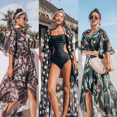 

US Cover Up Swimwear Bikini Women Swimsuit Chiffon Beach Print Boho Long Dress