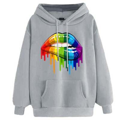 

Autumn Winter Fashion Casual Women Rainbow Candy colors Lip print Loose Hooded Long sleeve Sweatshirt