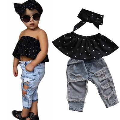 

3pcs Newborn Baby Girls Dot Off Shoulder Tops Ripped Hole Jeans Casual Pants Outfits Clothing Set