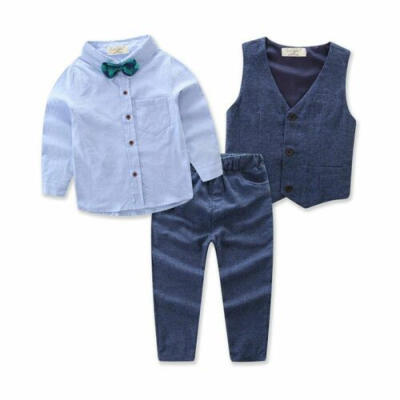 

US Toddler Kids Baby Boys Cotton Gentleman Shirt Vest Bowtie 3PCS Clothes Suit