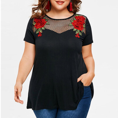 

Roseonmyhand Fashion Women Short Sleeve Fishnet Panel Plus Size Tunic T-shirt Applique Tops