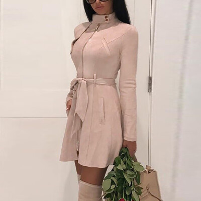 

Womens Ladies Fashion Casual Coat Tops Solid Zipper Waist Belt Slim Fit Coats