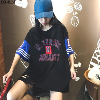 

Womens Korean Style Round Neck Letter Print Short Sleeve Color Block Loose T-Shirt