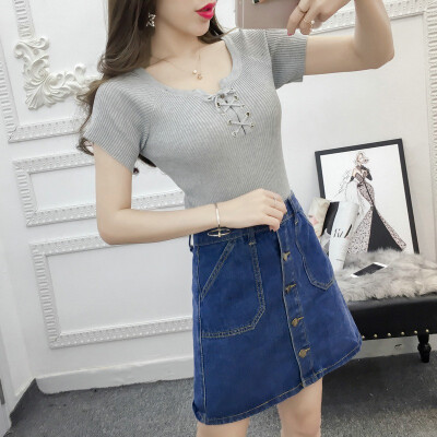

Summer sweetly solid short sleeved knitted t shirt  women slim tops dropshipping