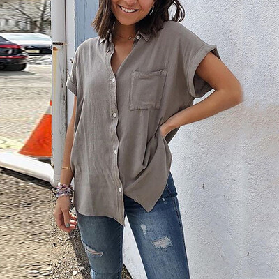 

Fashion Womens Casual Short Sleeve Pocket Buttons Loose Fit Blouse Tops Shirt