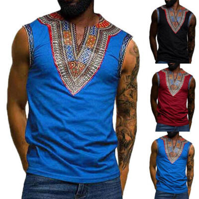 

African Tribal Shirt Men Sleeveles Dashiki Print Succinct Hippie Top Blouse NEW