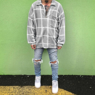 

Male Plaid Long Sleeve Zipper Lapel Collar Jacket Autumn Warm Outwear Pullover