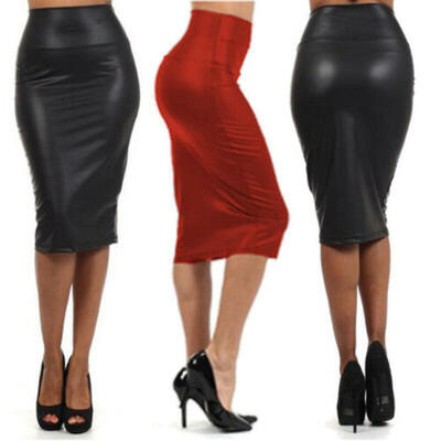 

Women Ladies Plus Size Wet Look Faux Leather Pencil Stretch Midi Skirt 8 to 26