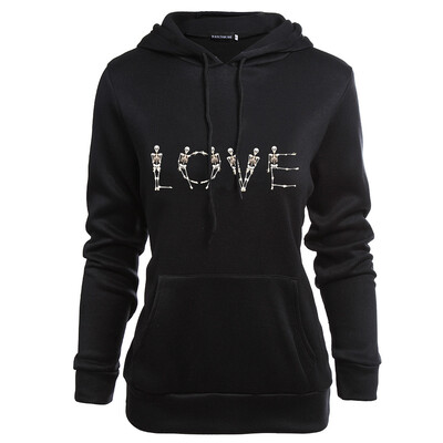 

2019 New Skull Love Printed Women Black Hoodie Cool Halloween Fashion Long Sleeve Pullovers Hooded Sweatshirts