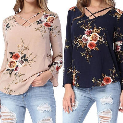 

Women Ladies Casual V Neck Cotton Long Sleeve Shirt Tops Tee Shirt Blouse