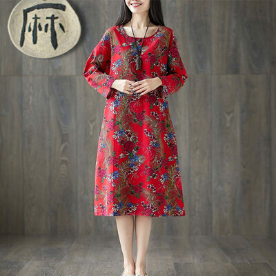 

Tailored Fashion Women Plus Size Folk-Custom Loose Floral Printed Cotton And Linen Dress