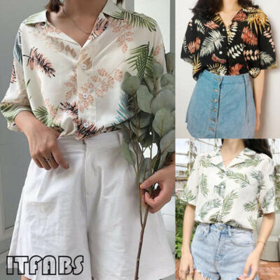 

Frauen Sommer Lose Halbe Hülse Bluse Blatt Gedruckt Tops Revers Shirts Neu