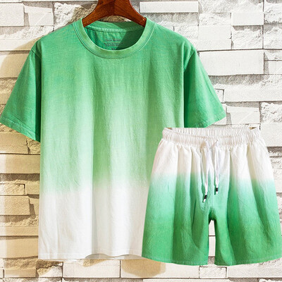 

Toponeto Mens Summer New Cotton Linen Shortsleeved Short Pant Fashion Gradual Color Suit