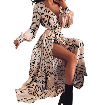 

Autumn Letter Print V-neck Long Sleeve High Waist Strap Irregular Split Long Dress Beige