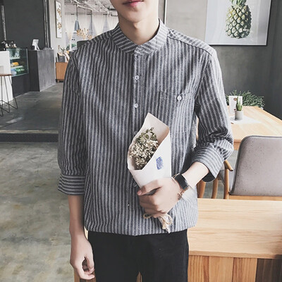 

Mens Vintage Striped Shirt Stand Collar Button Down Autumn Causal Tops Tee