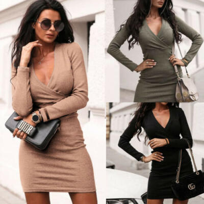 

Fashion Women Autumn Long Sleeve Bodycon Mini Dresses Casual V Neck Jumper Dress