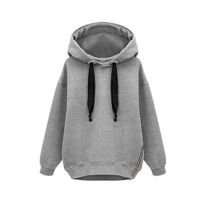 

Women Hooded Sweatshirt Long Sleeve Velvet Thick Warm Hoodies Female Zipper Decor Pullover Solid Color Sweatshirts Tops