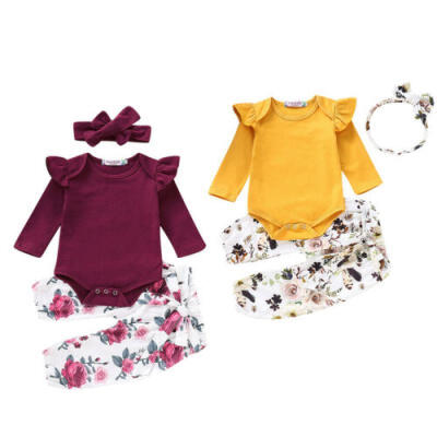 

US Newborn Baby Girls Cotton Top Romper Flower Long Pants 3Pcs Outfits Clothes