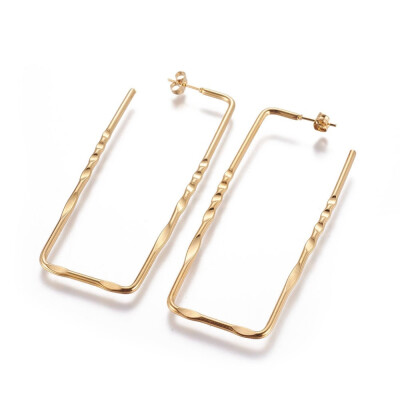 

304 Stainless Steel Stud Earrings Rectangle Golden 74x30x2mm Pin 08mm