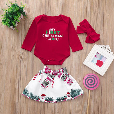 

Newborn Baby Girls Christmas Letter Print RomperBow skirtHeadbands Set Clothes