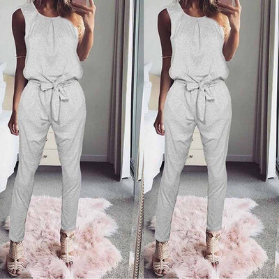 

Starmoon Womens Frenulum Solid Elastic Rope Sleeveless Round Neck Repa-Leg Jumpsuit
