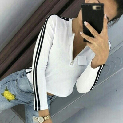 

Women Sexy Zipper Opening Casual Tops Striped Long Sleeve T-Shirt Jumper Blouse