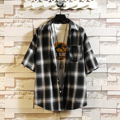 

Tailored Summer Fashion Short-sleeved Plaid Stitching Casual Mens Shirt Jacket Top Blouse