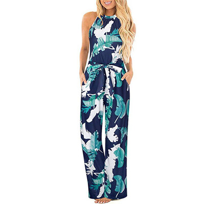 

Starmoon Womens Halter Neck Sleeveless Floral Long Jumpsuit Loose Belted Pocket Jumpsuit