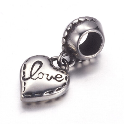 

304 Stainless Steel European Dangle Beads Large Hole Pendants Heart with Word Love Antique Silver 24mm