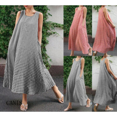 

Fashion Women Plaid Long Maxi Loose Dress Summer Evening Party Beach Sundress