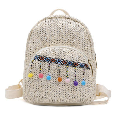 

Pompon Decor Backpack Women Straw Shoulder School Bags Girl Travel Knapsack