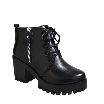 

YYO15 Women Fashion Ankle PU Boots Waterproof Block Thick High Heel with Zipper Shoes