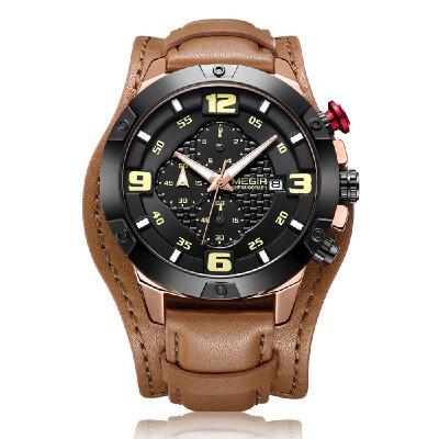 

MEGIR 2099 Men Watch Quartz Sport Simple Wristwatch Leather Strap 3ATM Waterproof Calendar Chronograph Luminous Hands Fashion Casu