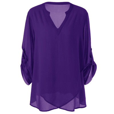 

Roseonmyhand Fashion Womens Plus Size V-Neck Adjustable Sleeve Chiffon Solid Blouse Top Shirt