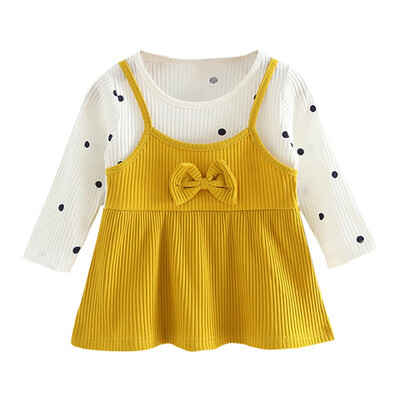 

Summer Casual Baby Sweet Girls Cute Fake 2 Piece Design Polka Dot Pattern Long Sleeve Dress Kids Toddler Pageant Sundress
