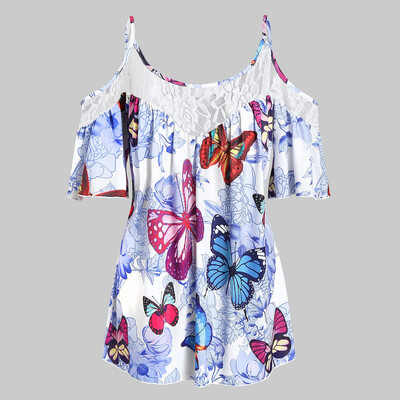 

Roseonmyhand Plus Size Fashion Women Butterfly Printed O-Neck Lace Camis Tops Casual Blouse