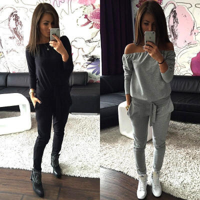 

2pcs Women Ladies Clubwear Off Shoulder Playsuit Bodycon Romper Trousers Gray&Black S-XL