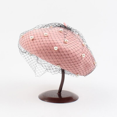 

New Fashion Women Autumn Winter Berets Hats Beading Mesh Solid Color Round Crown Painter Hat Beanie Cap Headwear