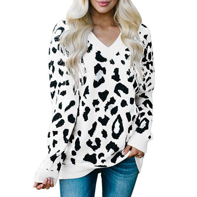 

Women Autumn Concise Casual All-match Leopard Printed V-collar Long Sleeve Sweater