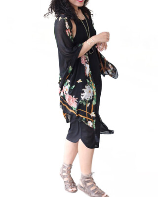 

Women Beach Cover Up Floral Print Open Front Loose Retro Boho Cardigan Shawl Poncho Black