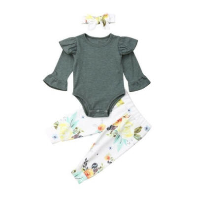 

New Toddler Baby Girl Clothing Long Sleeve Romper Flower Leggings Pants Headband Clothes