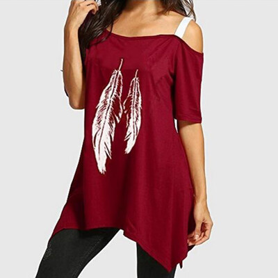 

Nomeni Women Fashion Feather Print One-Shoulder Large Size Irregular Hem T-Shirt