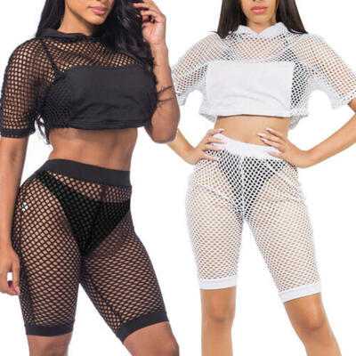 

USA Women Shorts Sleeve See-Through Mesh Fishnet Crop Top T-Shirt&Shorts Set