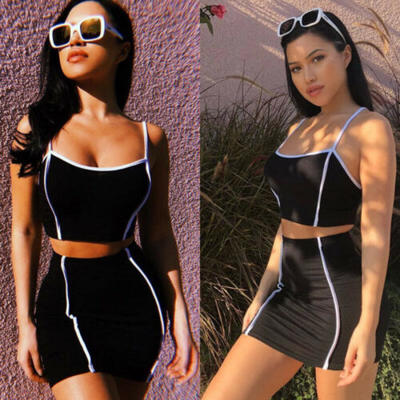 

USA Women 2 Piece Set Dresses Bodycon Skirt Outfit Crop Top Mini Summer Dress