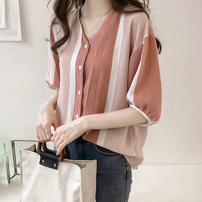 

Womens Casual Striped Shirts Loose Bat Sleeve Tops Button-Down Blouses Tunic