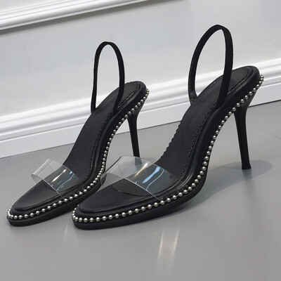 

Shoe Women Summer Korean Rivet Fine-heeled High-heeled Shoes Sexy&Transparent Black Sandals