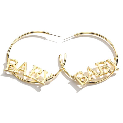 

1 Pair Baby Letter Printing Large Circle Earrings Gold Or Silver Hoop Bling