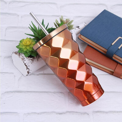 

500ml 304 Stainless Steel Cup Diamond Gradient Hot Cold Drink Vacuum Insulated Flask Straw Lid Set Coffee Mug Outdoor Tumbler