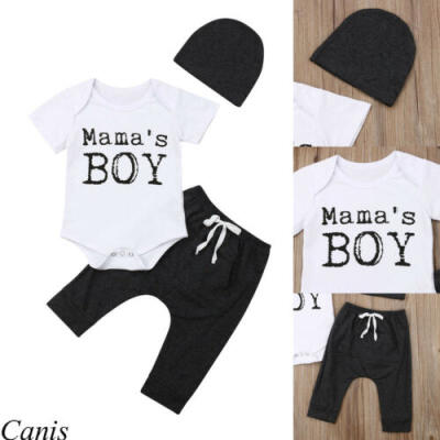 

3Pcs Newborn Kid Baby Boys Romper Pants Hats Sunsuit Outfits Summer Cotton 0-18M